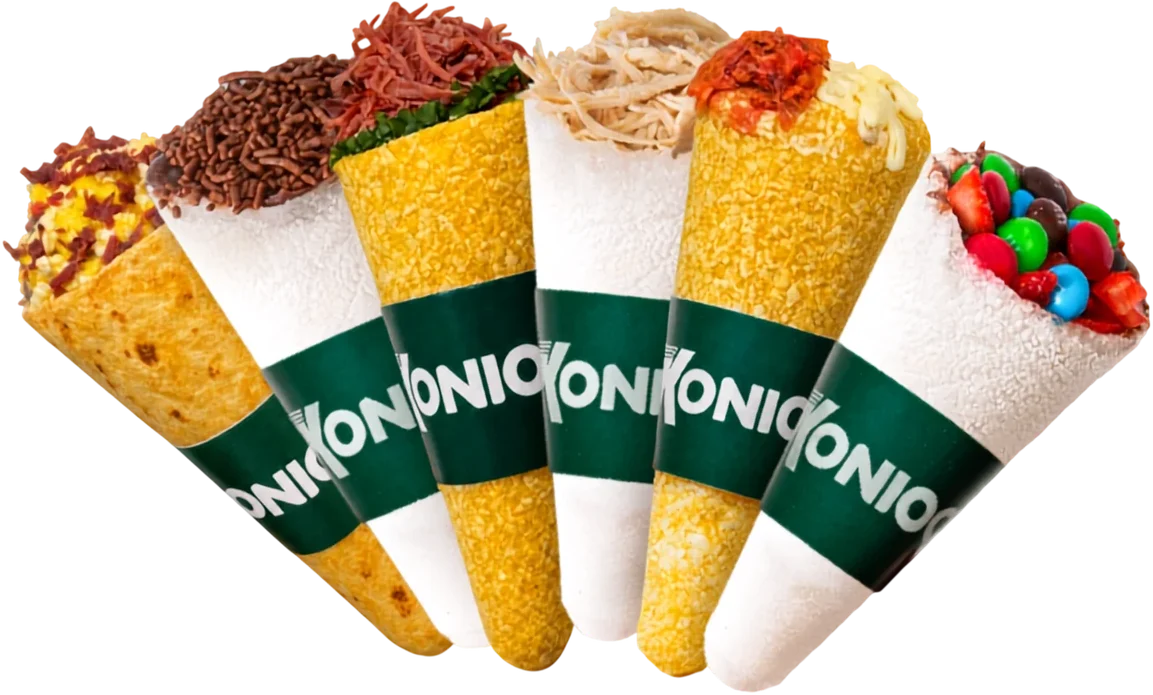 Leque de cones Konioca: tapioca, cuscuz e pão de queijo em sabores doces e salgados